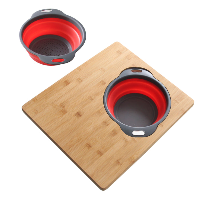 18" BAMBOO CUTTING BOARD WITH COLANDER AND BOWL A907