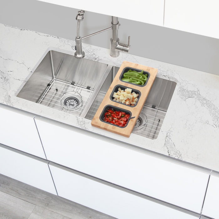 18" KITCHEN SINK BAMBOO SERVING BOARD WITH 3 CONTAINERS A910