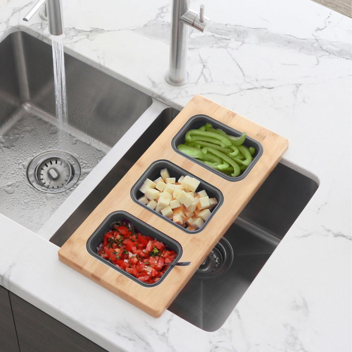 18" KITCHEN SINK BAMBOO SERVING BOARD WITH 3 CONTAINERS A910